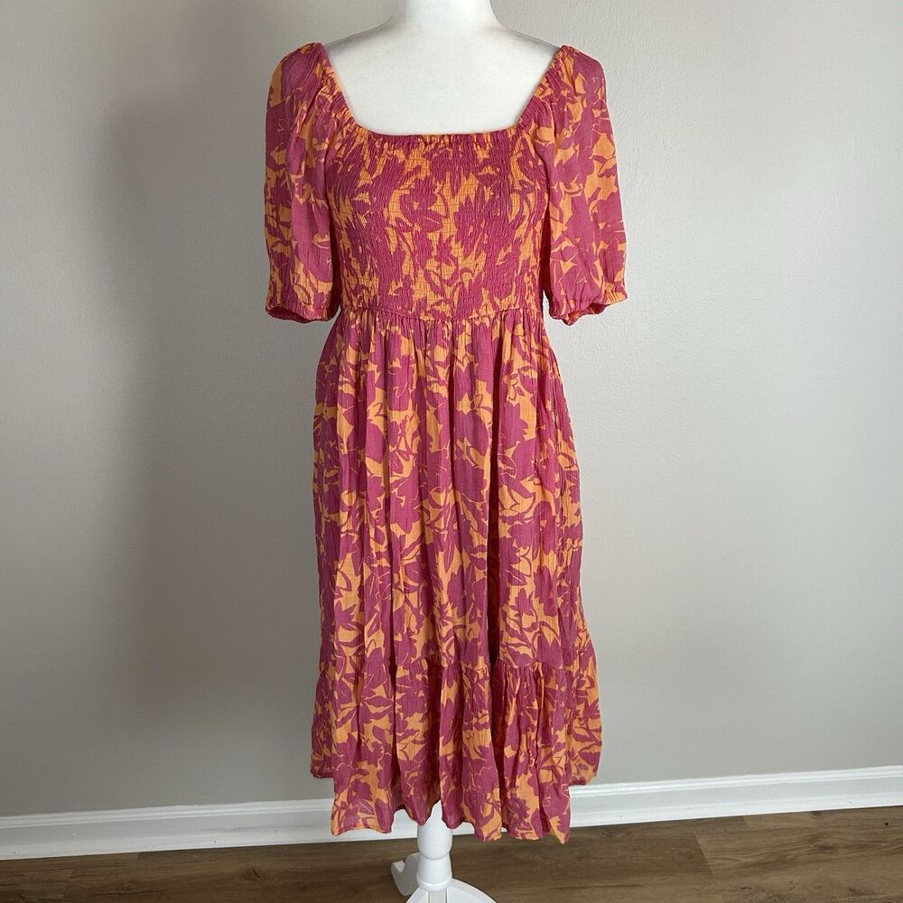 Marissa Dress Floral Orange Size Large Midi Long Puff Sleeve Peasant Cottage